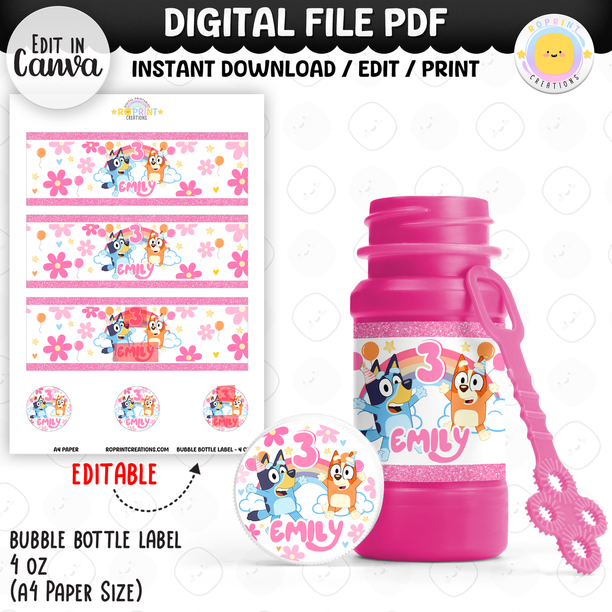 Pink Bluey birthday party favor templates, editable Bluey printable party favors for kids birthday party