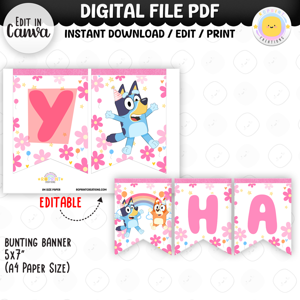 Pink Bluey birthday party favor templates, editable Bluey printable party favors for kids birthday party