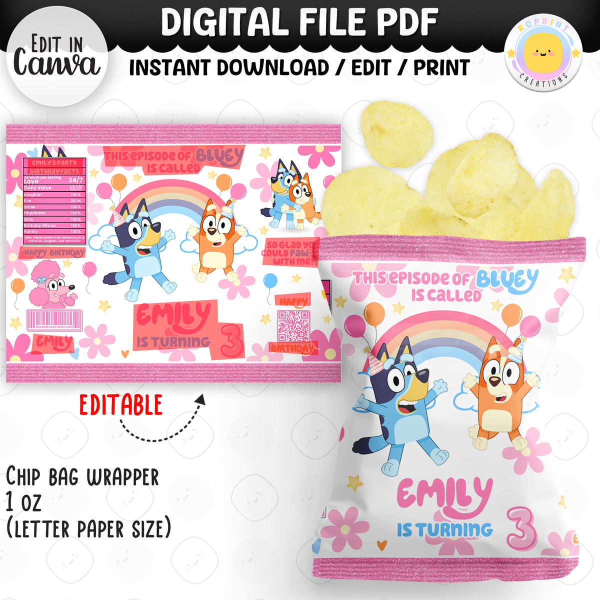 Pink Bluey Birthday Party Favor Templates - Editable Bluey Printable Party Favors
