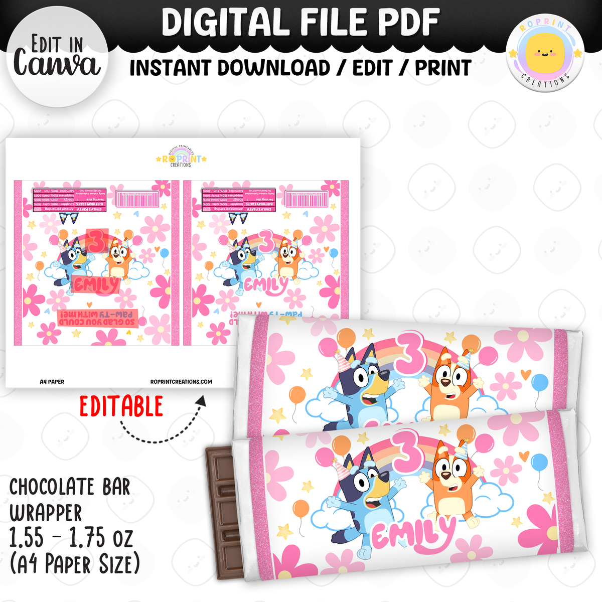 Pink Bluey Birthday Party Favor Templates - Editable Bluey Printable Party Favors