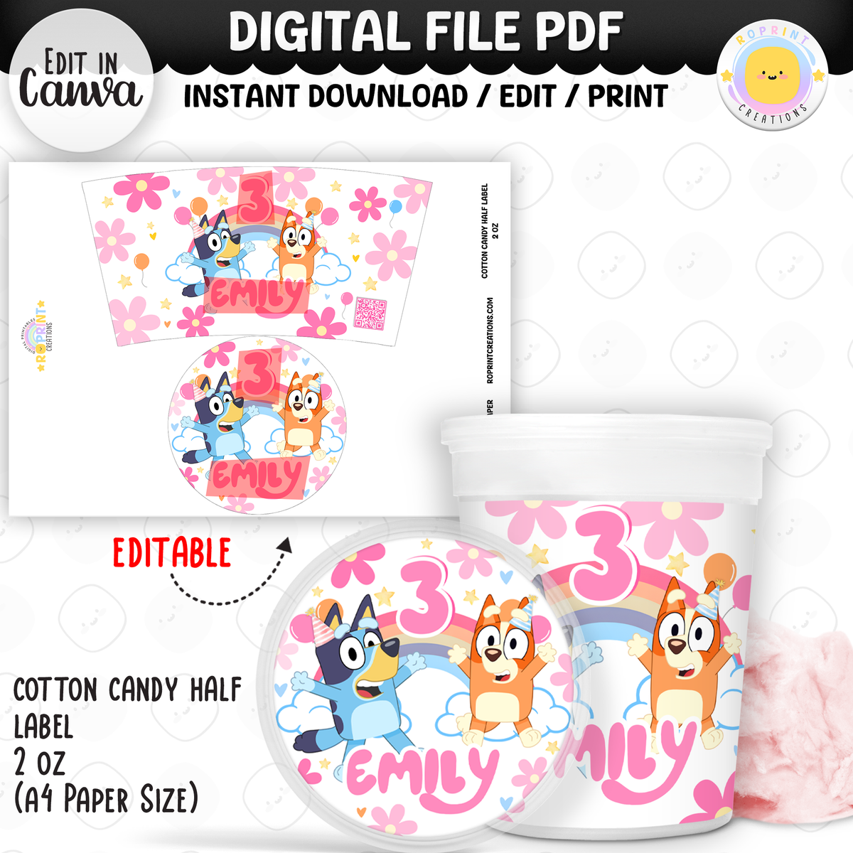 Pink Bluey Birthday Party Favor Templates - Editable Bluey Printable Party Favors