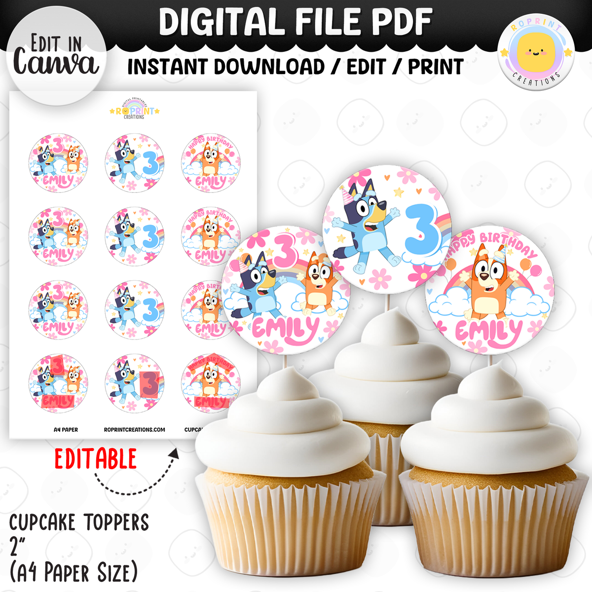 Pink Bluey Birthday Party Favor Templates - Editable Bluey Printable Party Favors