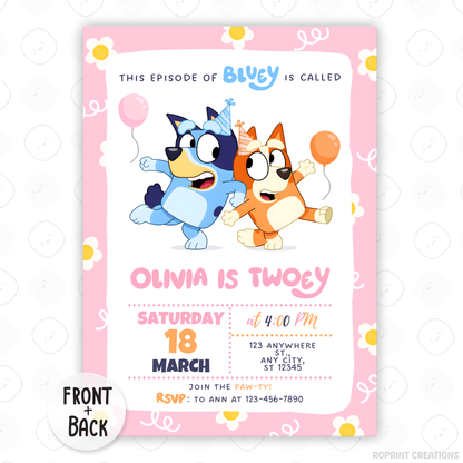 Celebrate your little one’s special day with this Pink Bluey Daisy TWOEY birthday invitation! Easily edit, download, and print or share digitally for a fun 2nd birthday party. 🎉🌼💖
