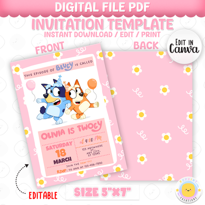 Celebrate your little one’s special day with this Pink Bluey Daisy TWOEY birthday invitation! Easily edit, download, and print or share digitally for a fun 2nd birthday party. 🎉🌼💖
