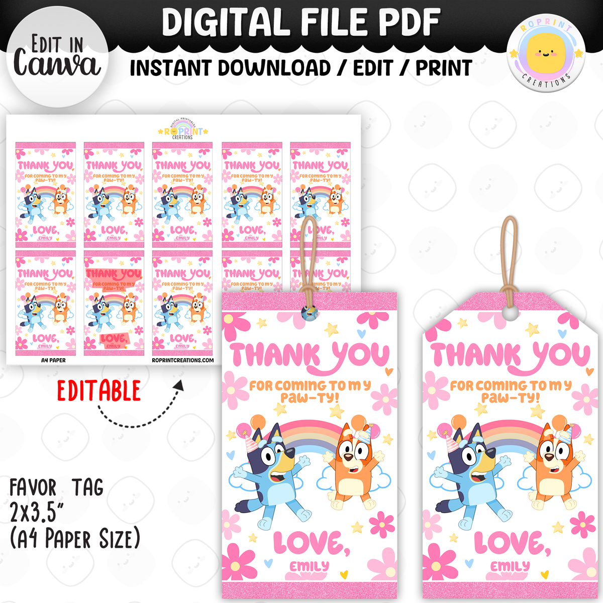 Pink Bluey birthday party favor templates, editable Bluey printable party favors for kids birthday party