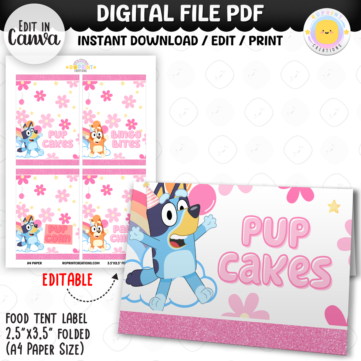 Pink Bluey Birthday Party Favor Templates - Editable Bluey Printable Party Favors
