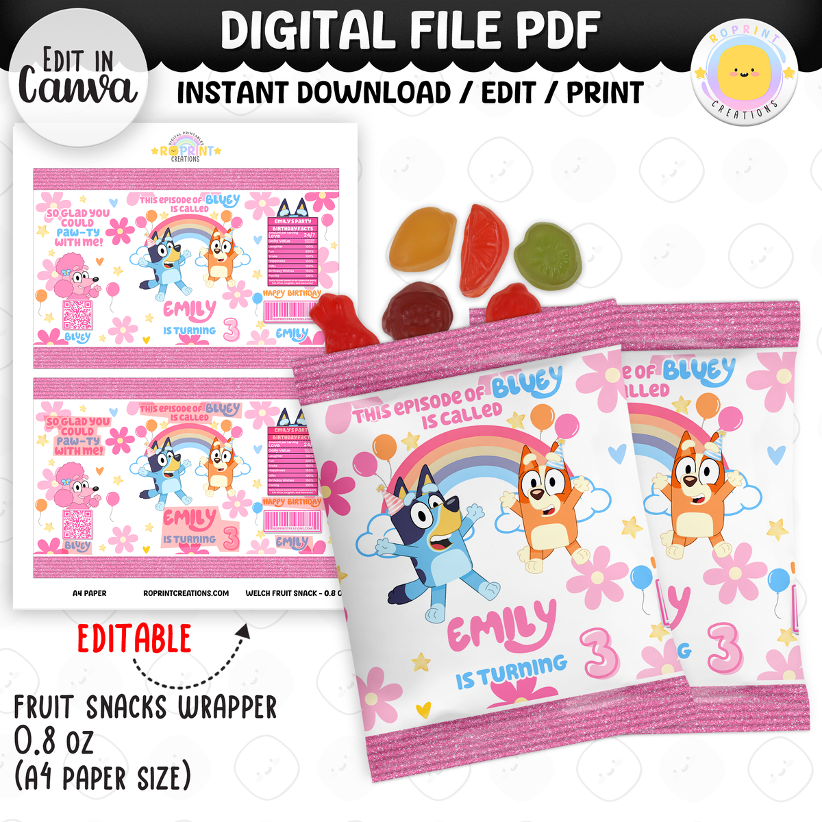 Pink Bluey Birthday Party Favor Templates - Editable Bluey Printable Party Favors