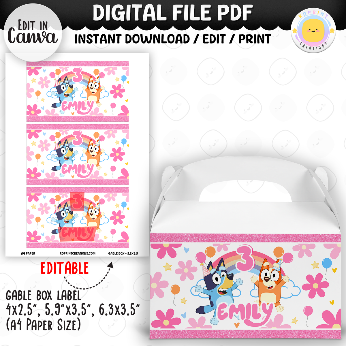 Pink Bluey Birthday Party Favor Templates - Editable Bluey Printable Party Favors