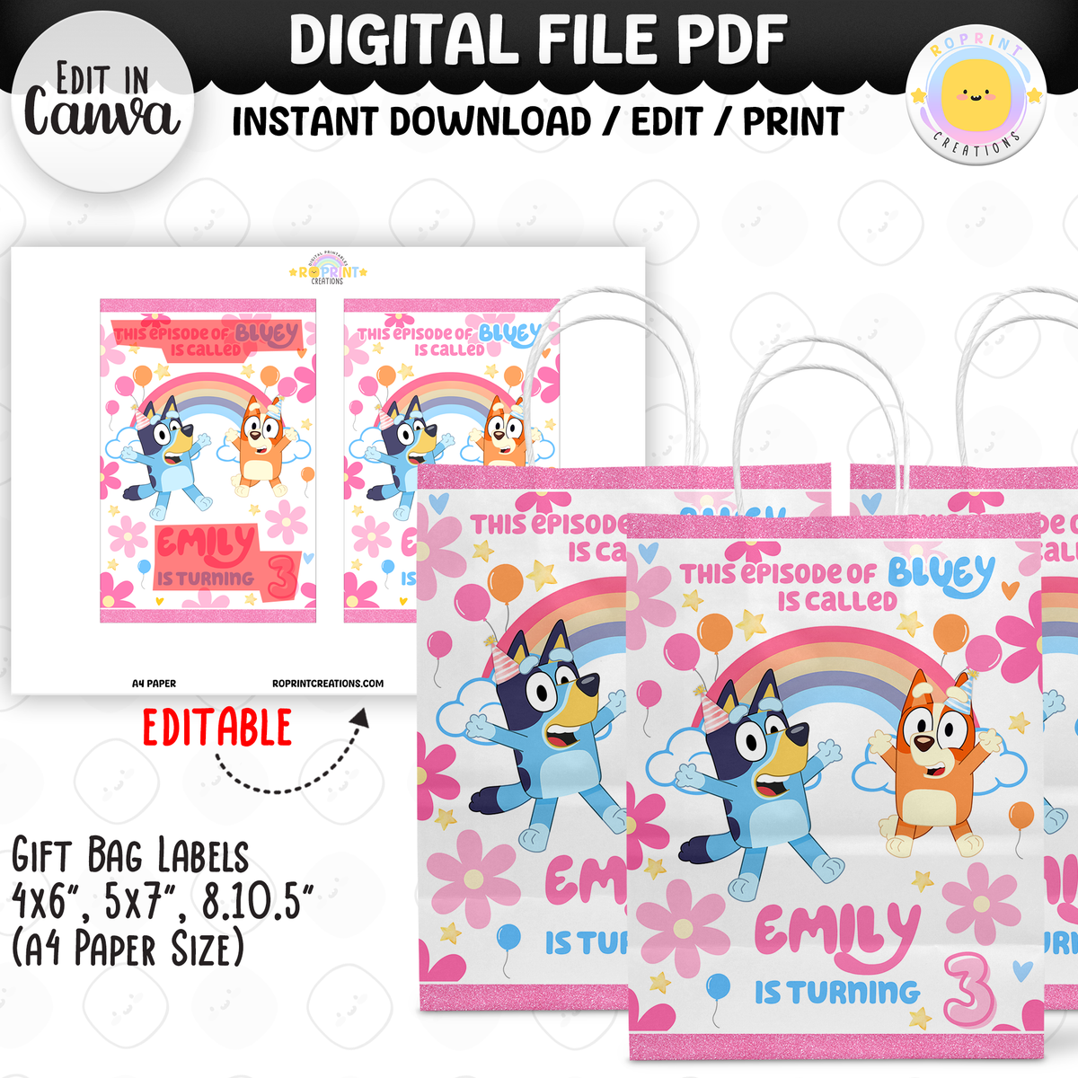 Pink Bluey Birthday Party Favor Templates - Editable Bluey Printable Party Favors
