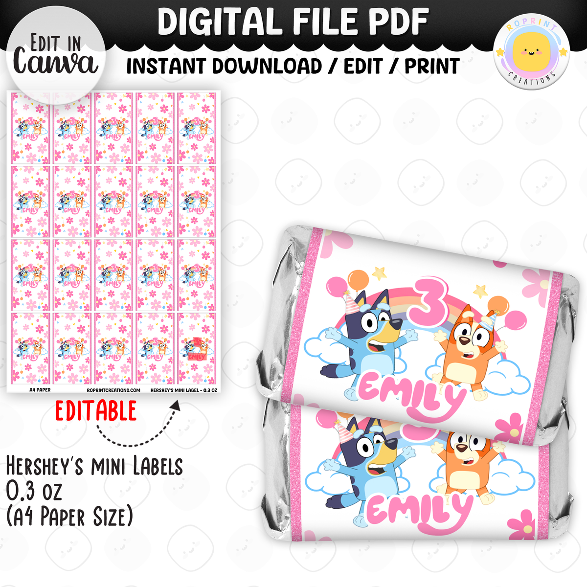 Pink Bluey Birthday Party Favor Templates - Editable Bluey Printable Party Favors