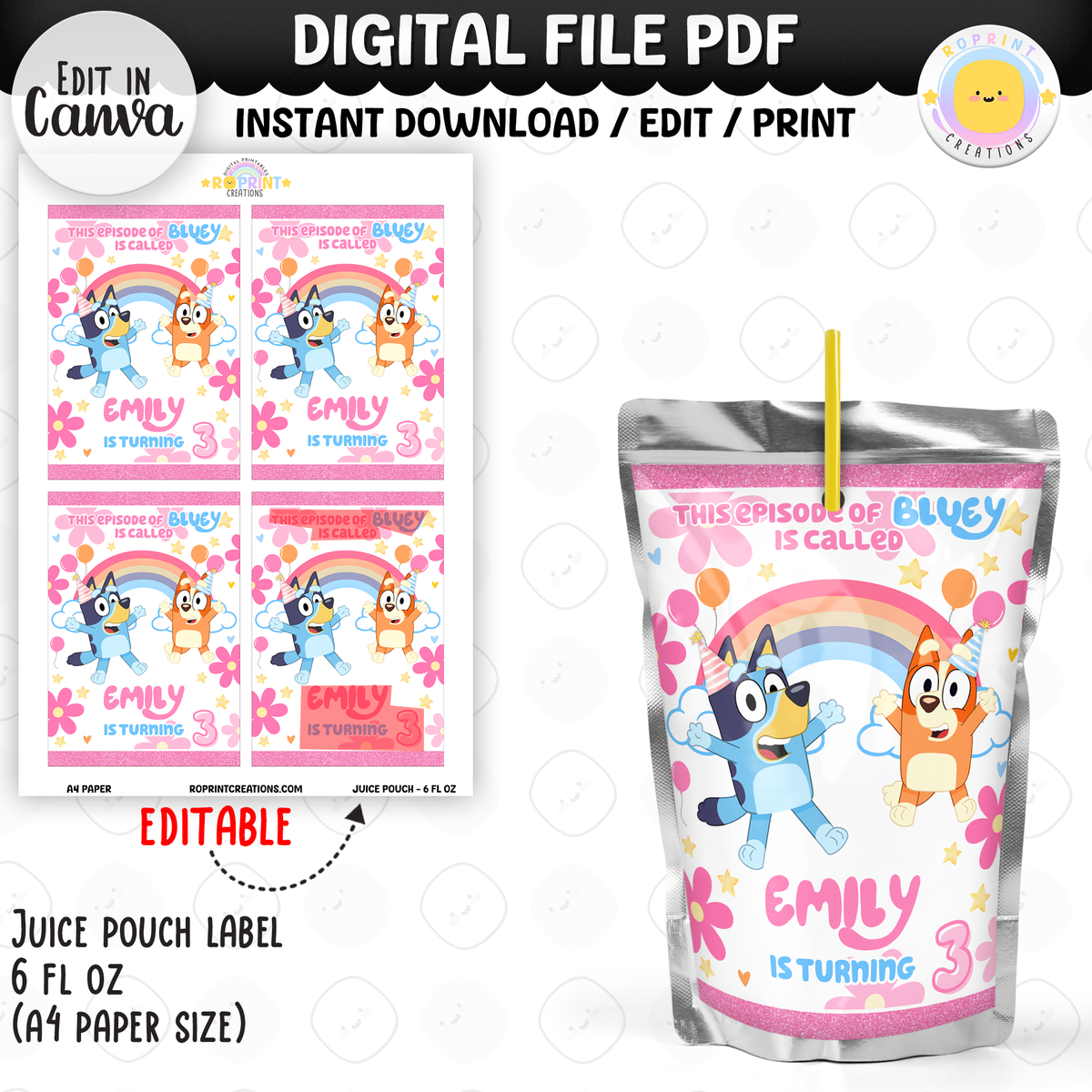 Pink Bluey Birthday Party Favor Templates - Editable Bluey Printable Party Favors