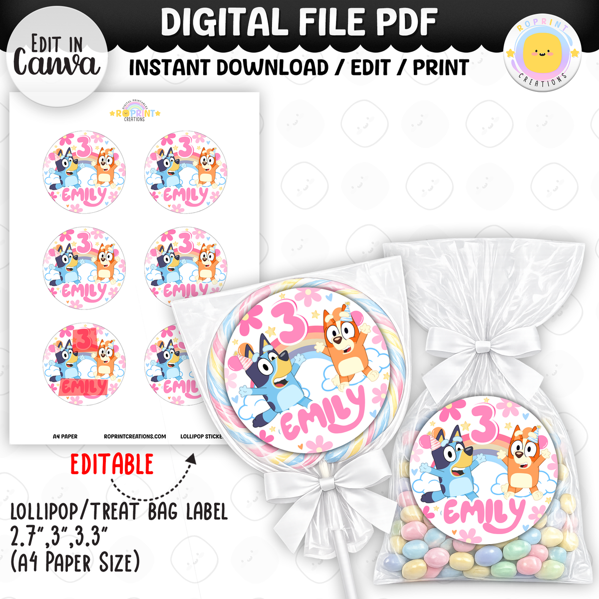 Pink Bluey Birthday Party Favor Templates - Editable Bluey Printable Party Favors
