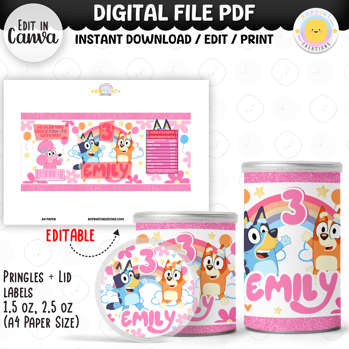Pink Bluey birthday party favor templates, editable Bluey printable party favors for kids birthday party