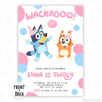 Pink Bluey TWOEY Birthday Invitation - Bluey Wackadoo Editable 2nd Party Invite