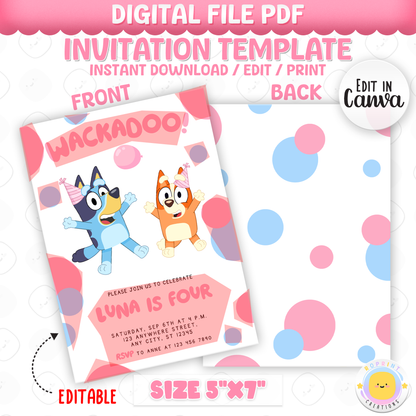 Pink Bluey TWOEY Birthday Invitation - Bluey Wackadoo Editable 2nd Party Invite