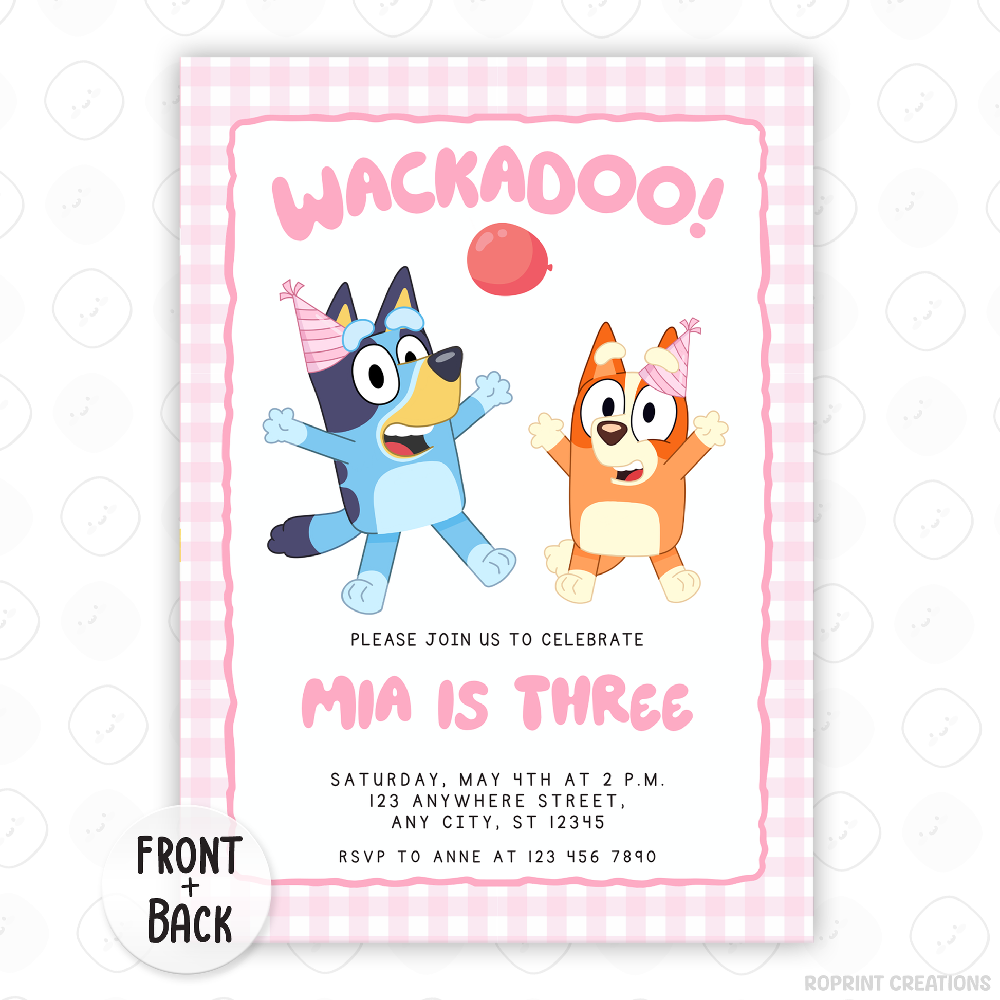 Celebrate your little one’s big day with this Bluey TWOEY Wackadoo Plaid birthday invitation! Easily edit, download, and print or share digitally for a fun 2nd birthday party. 🎉🩷