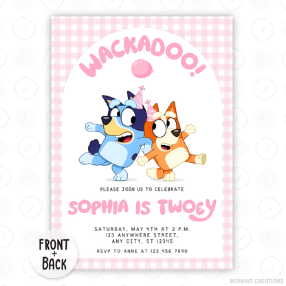 Pink Bluey TWOEY Wackadoo Birthday Invitation - Editable 2nd Birthday Party Invite