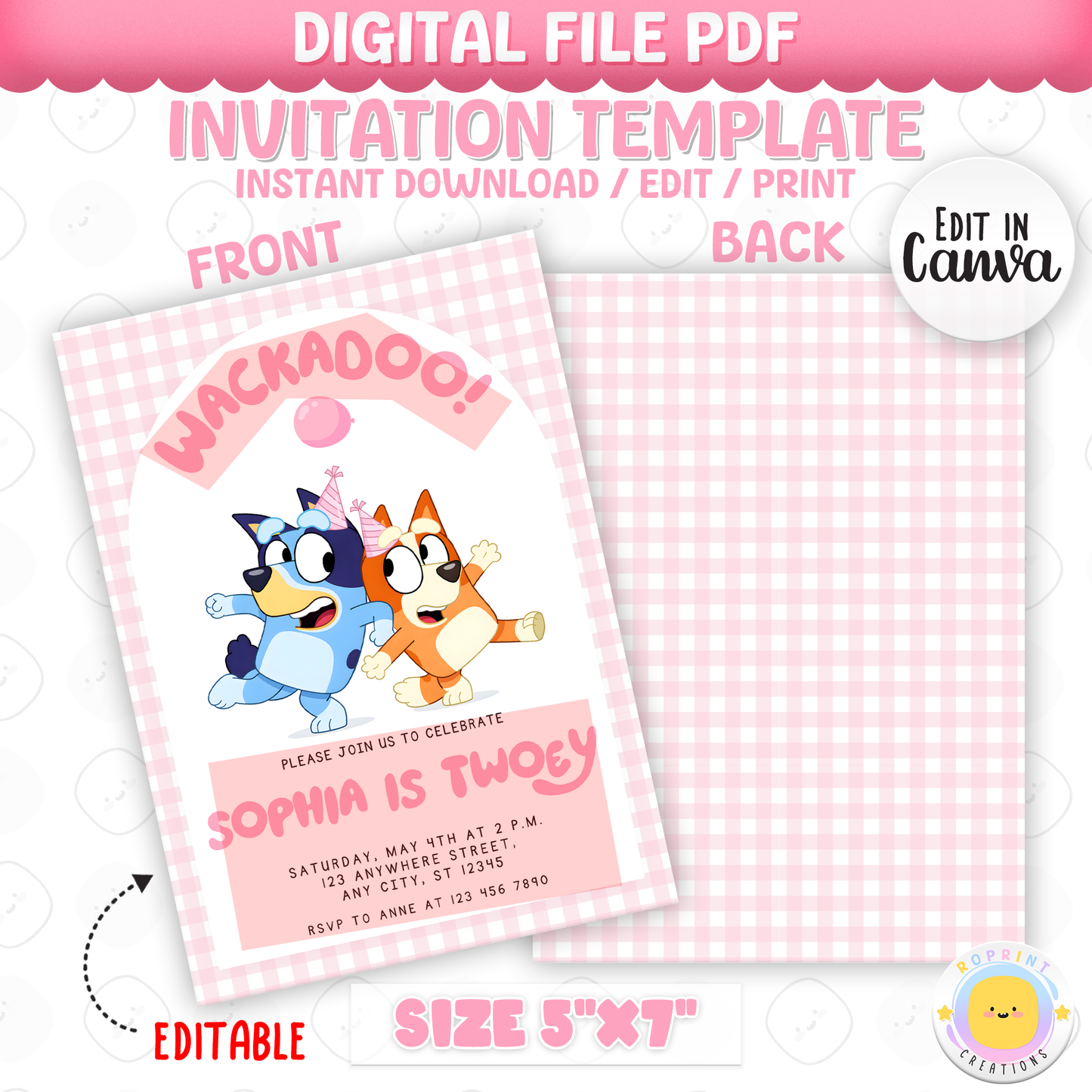 Pink Bluey TWOEY Wackadoo Birthday Invitation - Editable 2nd Birthday Party Invite
