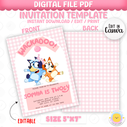 Pink Bluey TWOEY Wackadoo Birthday Invitation - Editable 2nd Birthday Party Invite