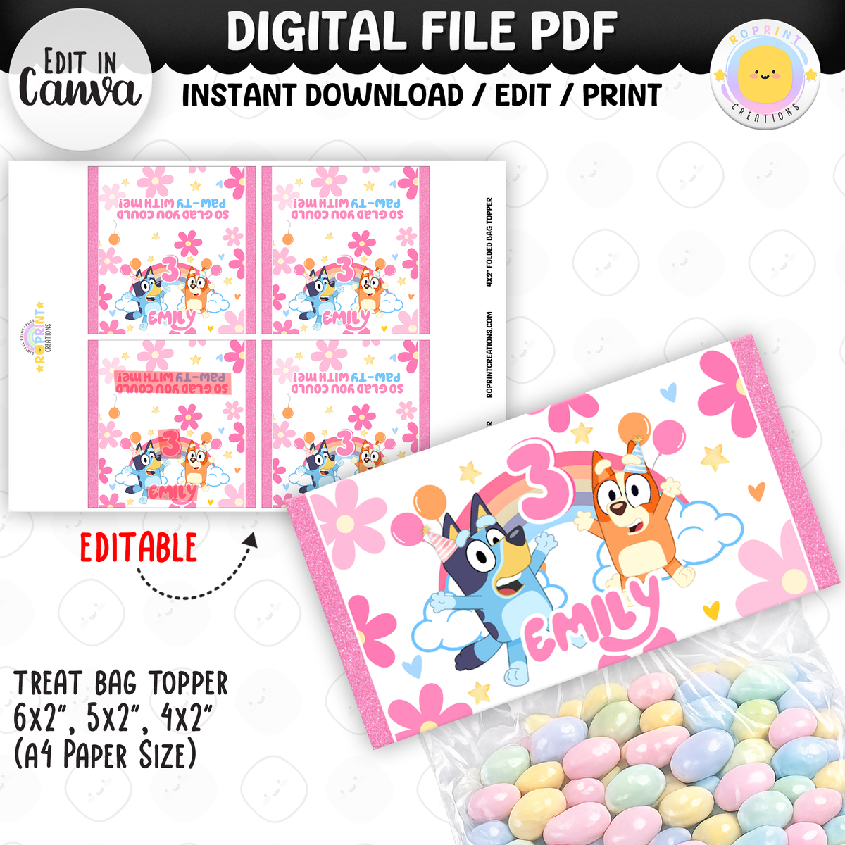 Pink Bluey Birthday Party Favor Templates - Editable Bluey Printable Party Favors