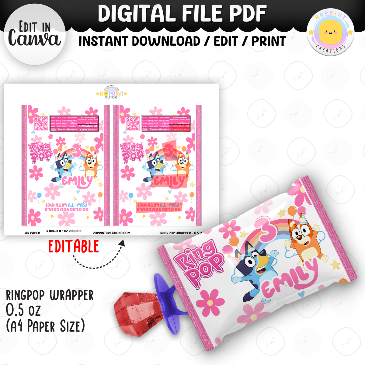 Pink Bluey Birthday Party Favor Templates - Editable Bluey Printable Party Favors