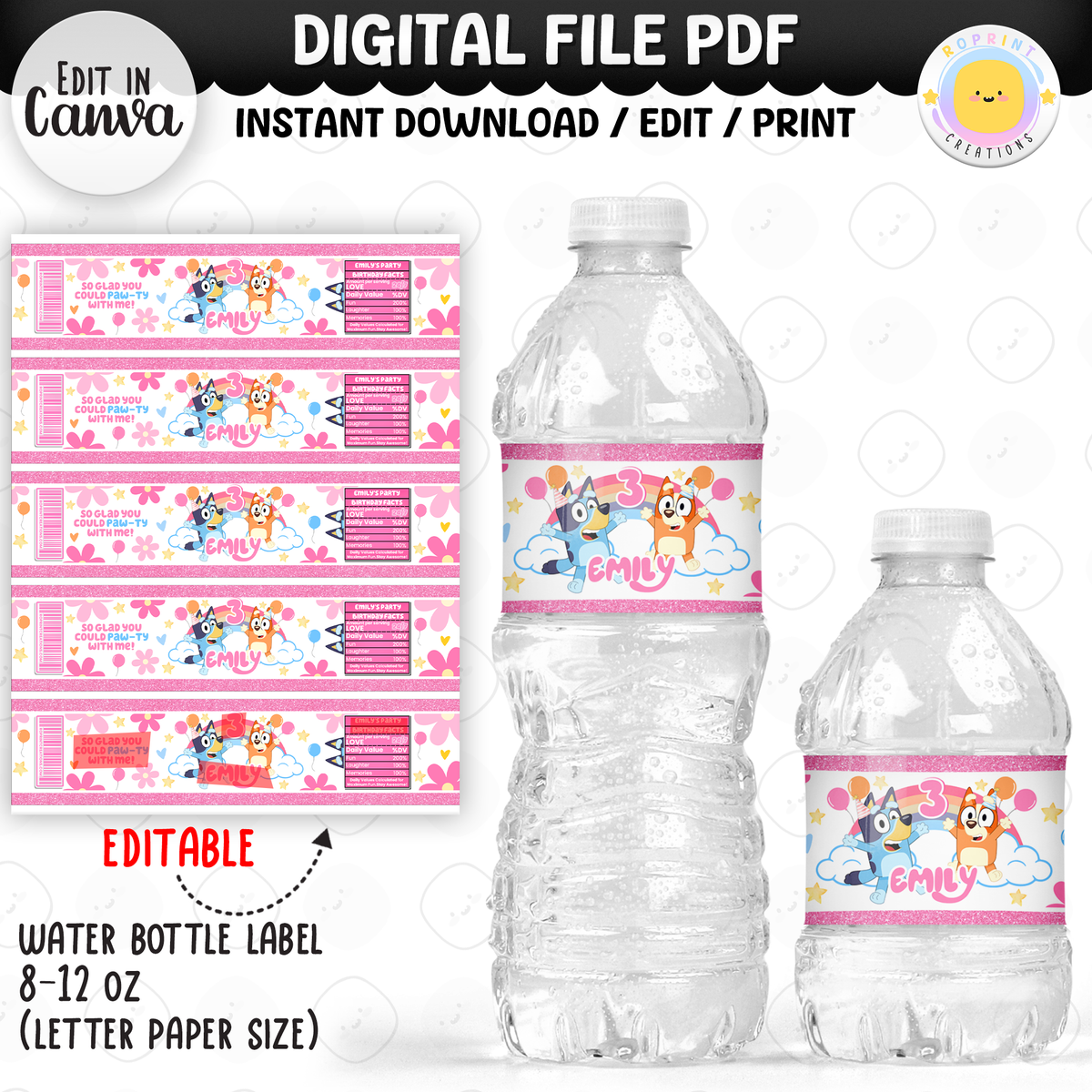 Pink Bluey Birthday Party Favor Templates - Editable Bluey Printable Party Favors