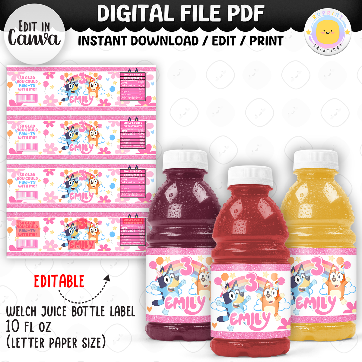 Pink Bluey Birthday Party Favor Templates - Editable Bluey Printable Party Favors