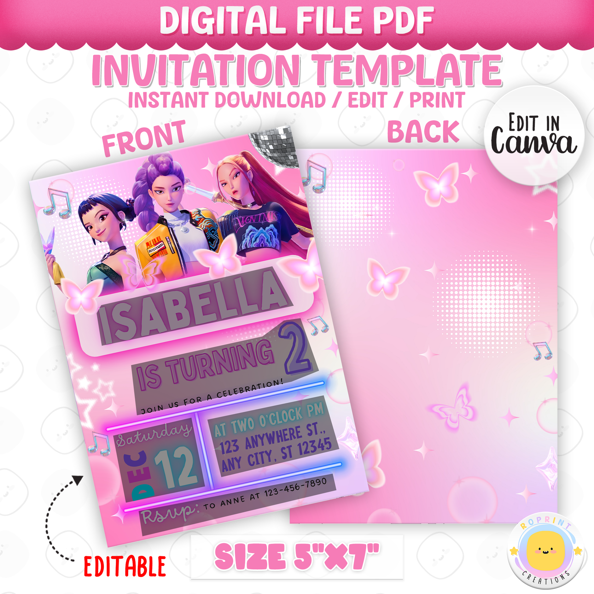 Shine bright with this Pink KPOP Demon Hunters Birthday Invitation! Editable in Canva, this trendy invite is perfect for fans—print or share digitally for an unforgettable celebration. Instant Download