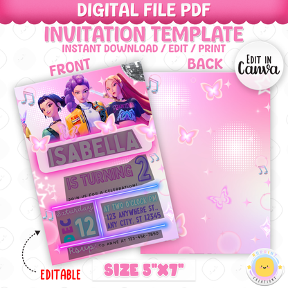 Shine bright with this Pink KPOP Demon Hunters Birthday Invitation! Editable in Canva, this trendy invite is perfect for fans—print or share digitally for an unforgettable celebration. Instant Download