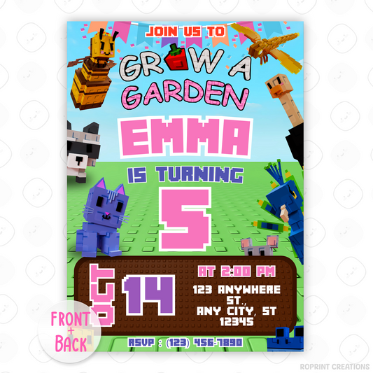 Celebrate in style with this Pink Roblox Grow a Garden birthday invitation! Easily editable in Canva—print at home or share digitally for a fun gamer party invite. Instant download