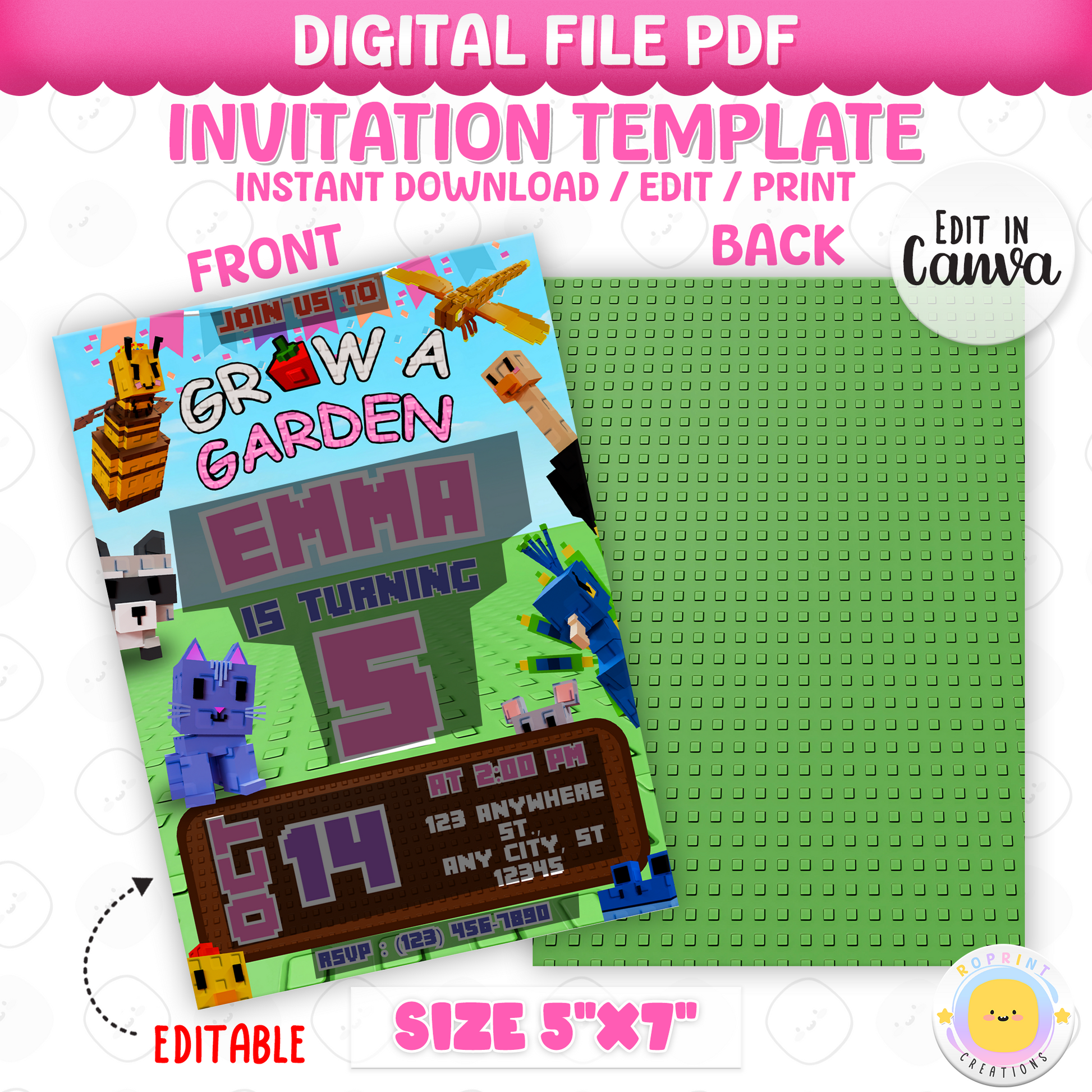 Celebrate in style with this Pink Roblox Grow a Garden birthday invitation! Easily editable in Canva—print at home or share digitally for a fun gamer party invite. Instant download