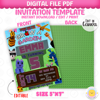Celebrate in style with this Pink Roblox Grow a Garden birthday invitation! Easily editable in Canva—print at home or share digitally for a fun gamer party invite. Instant download