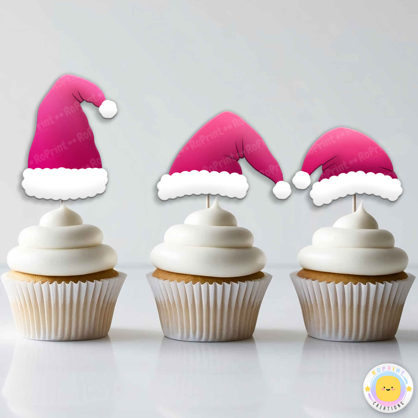 Digital printable Santa hat cupcake toppers, ideal for adding a festive touch to holiday party treats.