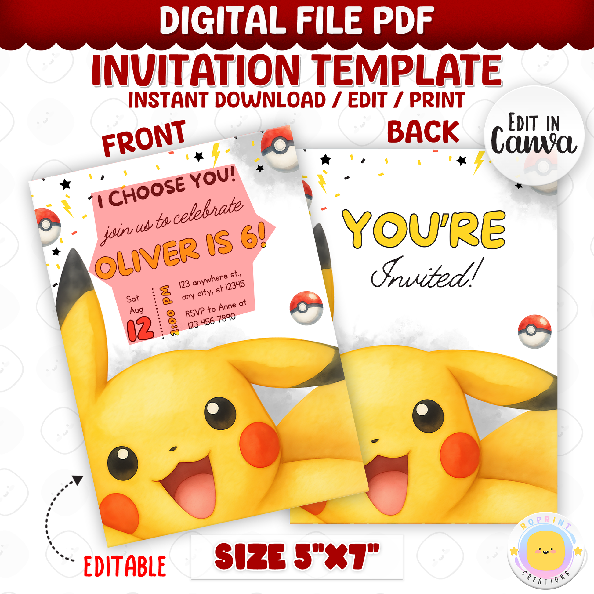 Get ready for an unforgettable celebration with this Pokémon birthday invitation template! Easily customize your party details in Canva, then print or share digitally with friends and family. Perfect for Pokémon-themed birthday parties and fans of all ages!