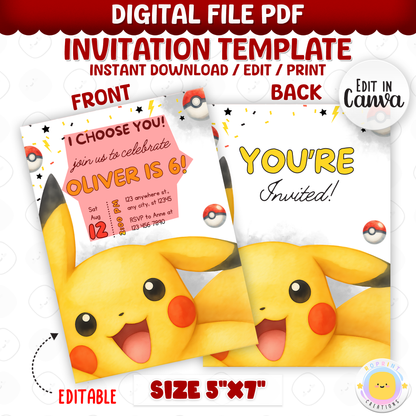 Get ready for an unforgettable celebration with this Pokémon birthday invitation template! Easily customize your party details in Canva, then print or share digitally with friends and family. Perfect for Pokémon-themed birthday parties and fans of all ages!