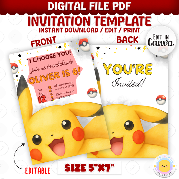 Get ready for an unforgettable celebration with this Pokémon birthday invitation template! Easily customize your party details in Canva, then print or share digitally with friends and family. Perfect for Pokémon-themed birthday parties and fans of all ages!