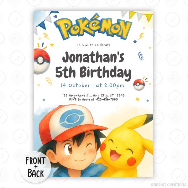 Gotta catch 'em all! Join us for an exciting celebration with this Pokémon birthday invitation template. Easily customize your party details in Canva, then print or share digitally with friends and family. Perfect for Pikachu-themed birthday parties and Pokémon fans!