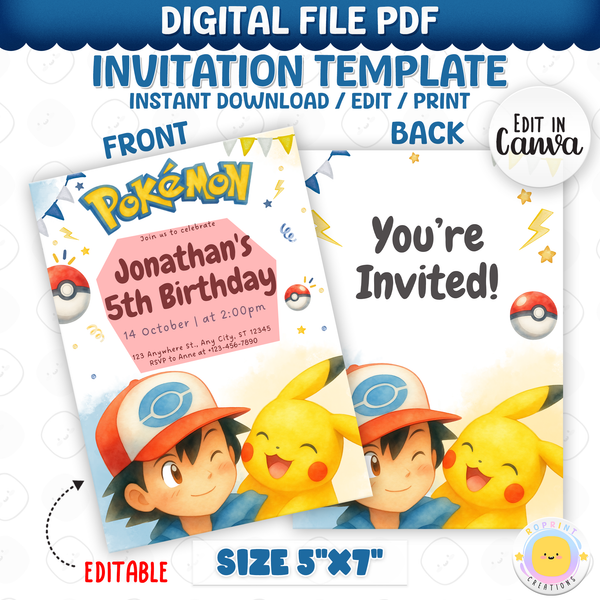 Gotta catch 'em all! Join us for an exciting celebration with this Pokémon birthday invitation template. Easily customize your party details in Canva, then print or share digitally with friends and family. Perfect for Pikachu-themed birthday parties and Pokémon fans!