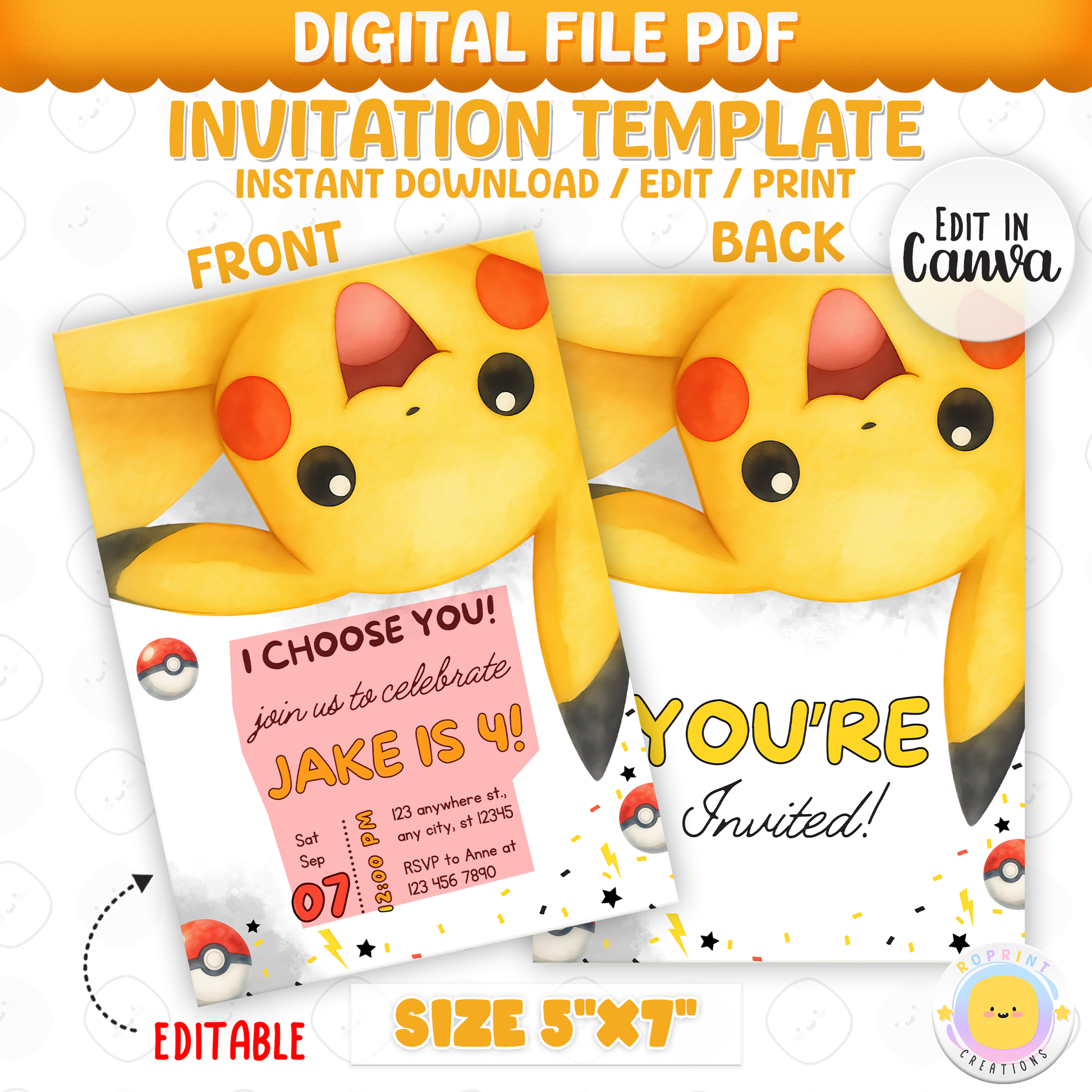 Get ready for an unforgettable celebration with this Pokémon birthday invitation template! Easily customize your party details in Canva, then print or share digitally with friends and family. Perfect for Pokémon-themed birthday parties and fans of all ages!