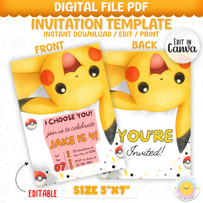 Get ready for an unforgettable celebration with this Pokémon birthday invitation template! Easily customize your party details in Canva, then print or share digitally with friends and family. Perfect for Pokémon-themed birthday parties and fans of all ages!