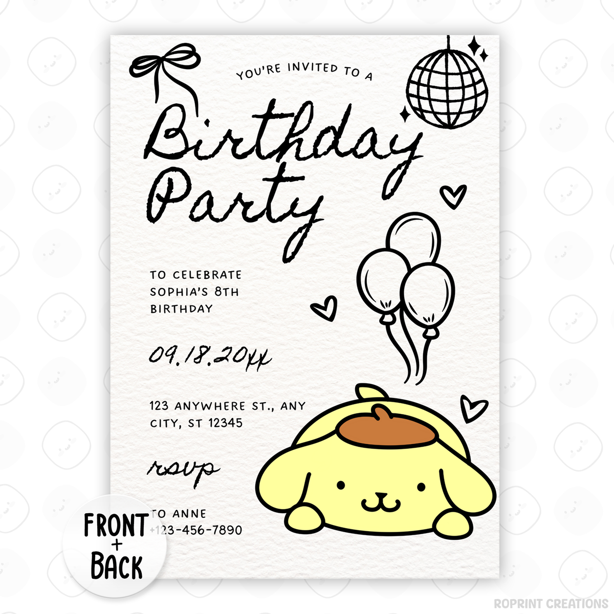Celebrate with Pompompurin! This cute birthday invitation is fully editable in Canva—print at home or share digitally for a fun party surprise. Instant download