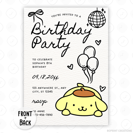 Celebrate with Pompompurin! This cute birthday invitation is fully editable in Canva—print at home or share digitally for a fun party surprise. Instant download