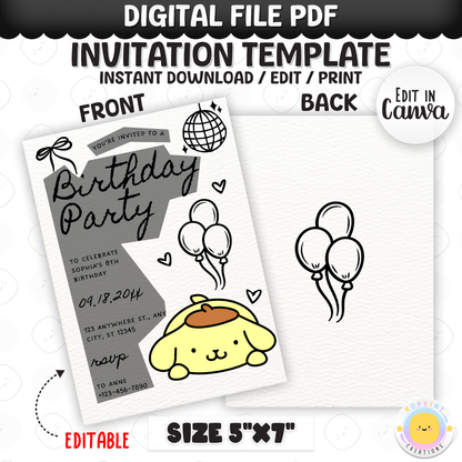 Celebrate with Hello Kitty & Friends! This cute birthday invitation is fully editable in Canva—print at home or share digitally for a fun party surprise. Instant download