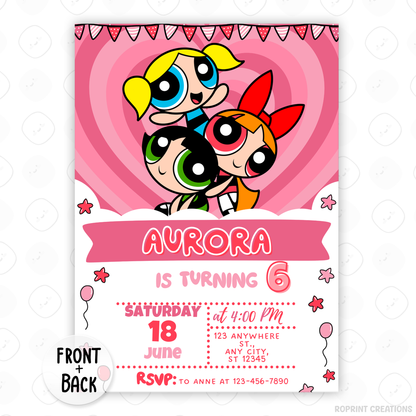Celebrate your little hero’s special day with this Powerpuff Girls birthday invitation! Easily edit in Canva, then print or share digitally for a fun, colorful party. Instant download