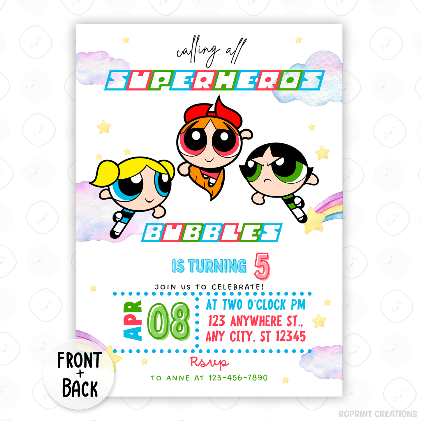 Join Blossom, Bubbles, and Buttercup for an action-packed celebration! This Powerpuff Girls birthday invitation is fully editable in Canva—print or share digitally for a fun superhero-themed party. Instant download