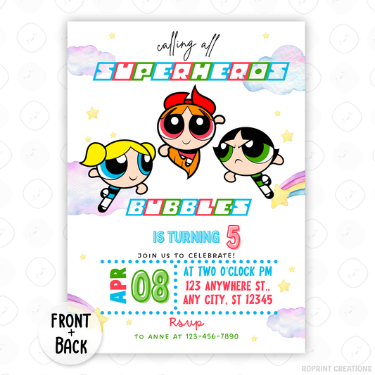 Join Blossom, Bubbles, and Buttercup for an action-packed celebration! This Powerpuff Girls birthday invitation is fully editable in Canva—print or share digitally for a fun superhero-themed party. Instant download