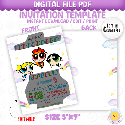 Join Blossom, Bubbles, and Buttercup for an action-packed celebration! This Powerpuff Girls birthday invitation is fully editable in Canva—print or share digitally for a fun superhero-themed party. Instant download