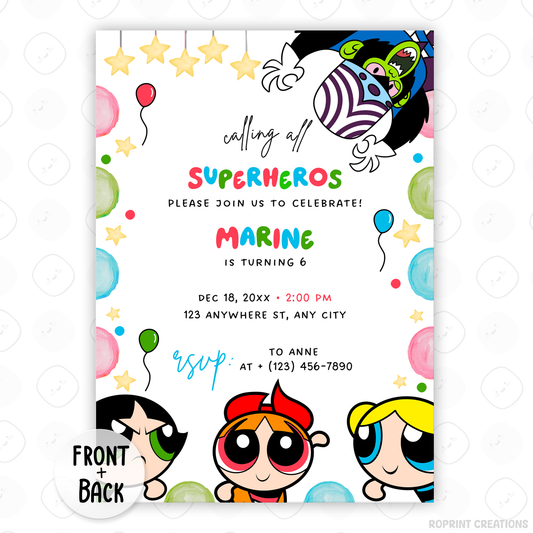 Bring the excitement of Townsville to your celebration with this Powerpuff Girls Birthday Invitation featuring Mojo Jojo! Edit easily in Canva, then print or share digitally for a fun and colorful kids’ party. Instant download