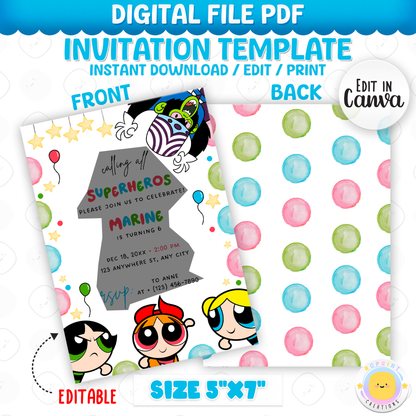 Bring the excitement of Townsville to your celebration with this Powerpuff Girls Birthday Invitation featuring Mojo Jojo! Edit easily in Canva, then print or share digitally for a fun and colorful kids’ party. Instant download