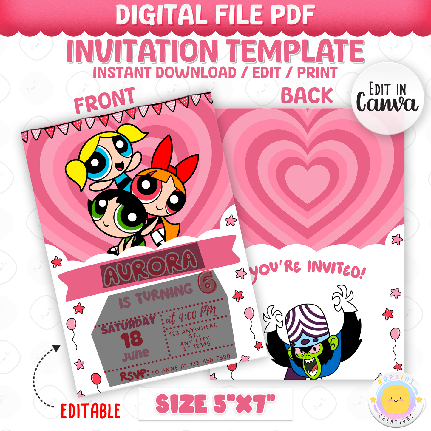 Celebrate your little hero’s special day with this Powerpuff Girls birthday invitation! Easily edit in Canva, then print or share digitally for a fun, colorful party. Instant download